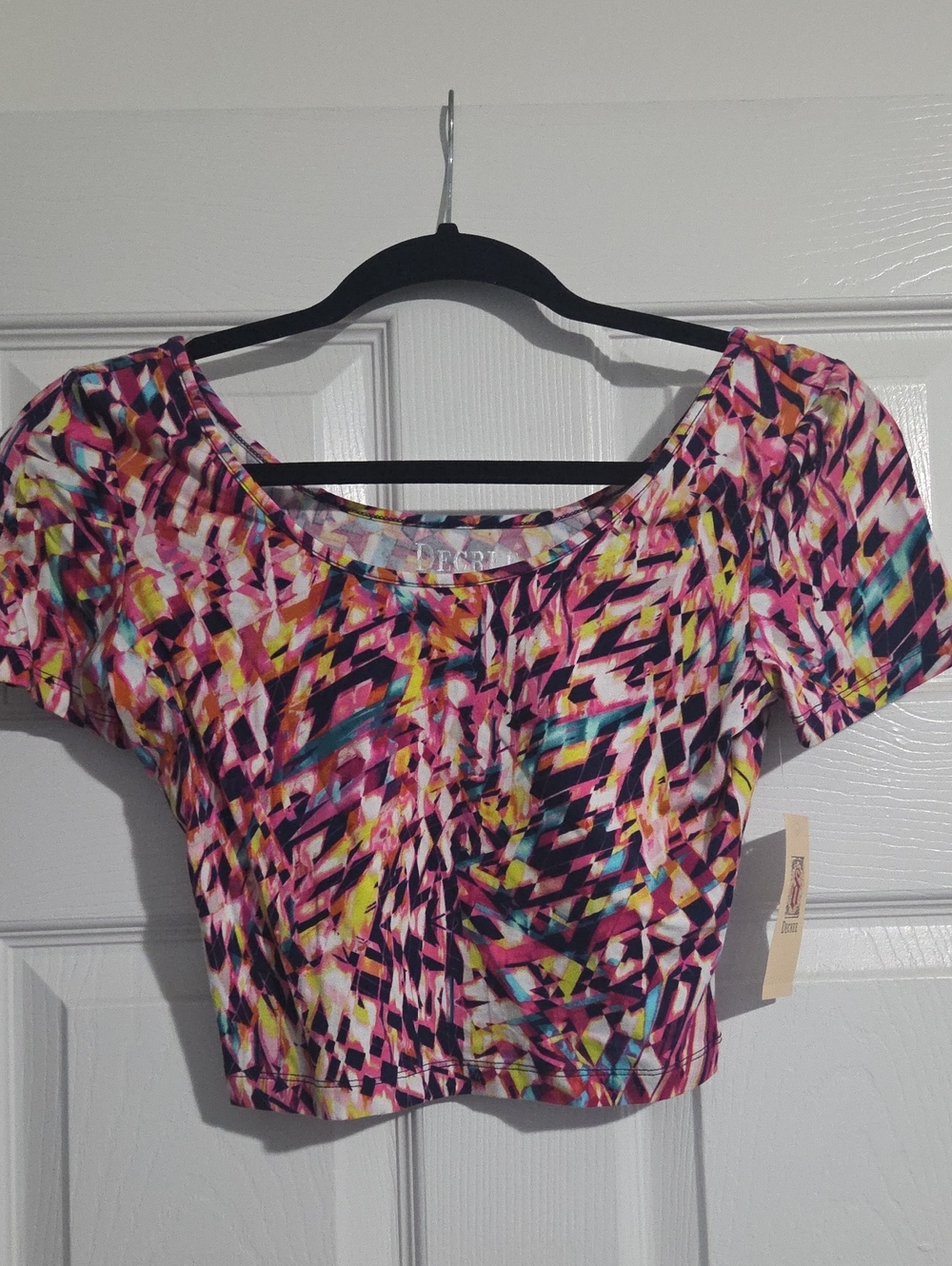 Vibrant Pink Multicolor Abstract Scoop Neck Crop Top